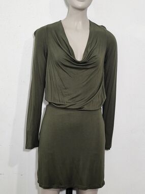 Haute Hippie Olive Green Draped Cowl Neck Long-Sleeve Dress